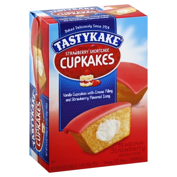 Seasonal Strawberry Shortcake Vanilla Cupcakes with Creme Filling and Strawberry Flavored Icing