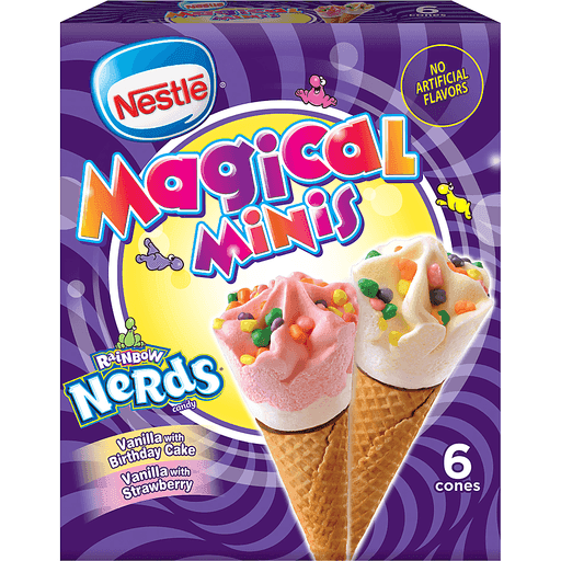Wonka, Magical Minis Rainbow Nerds Candy Frozen Dairy Dessert Cones, Vanilla with Birthday Cake,