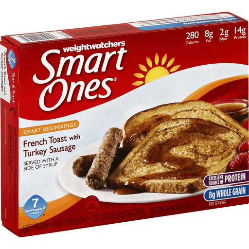 French Toast with Turkey Sausage Served with a Side of Syrup, French Toast with Turkey Sausage