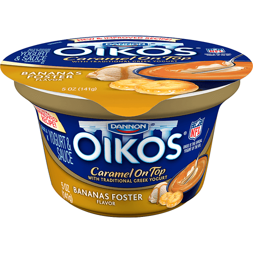 Bananas Foster Flavor Caramel on Top with Traditional Greek Yogurt Dairy Snack, Bananas Foster