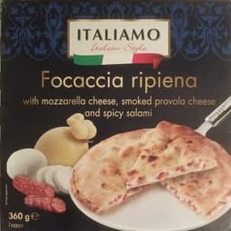 Focaccia with Mozarella Cheese, Smoked Provola Cheese and Spicy Salami